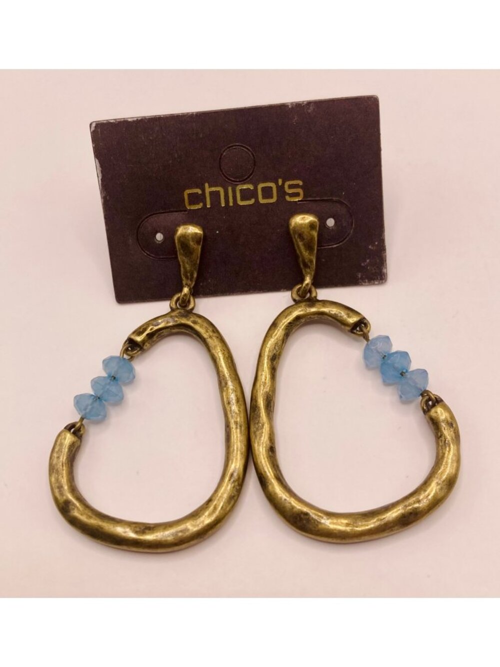 New With Tags Chicos Gold-Tone Hammered Drop Earrings Blue Beads -101B